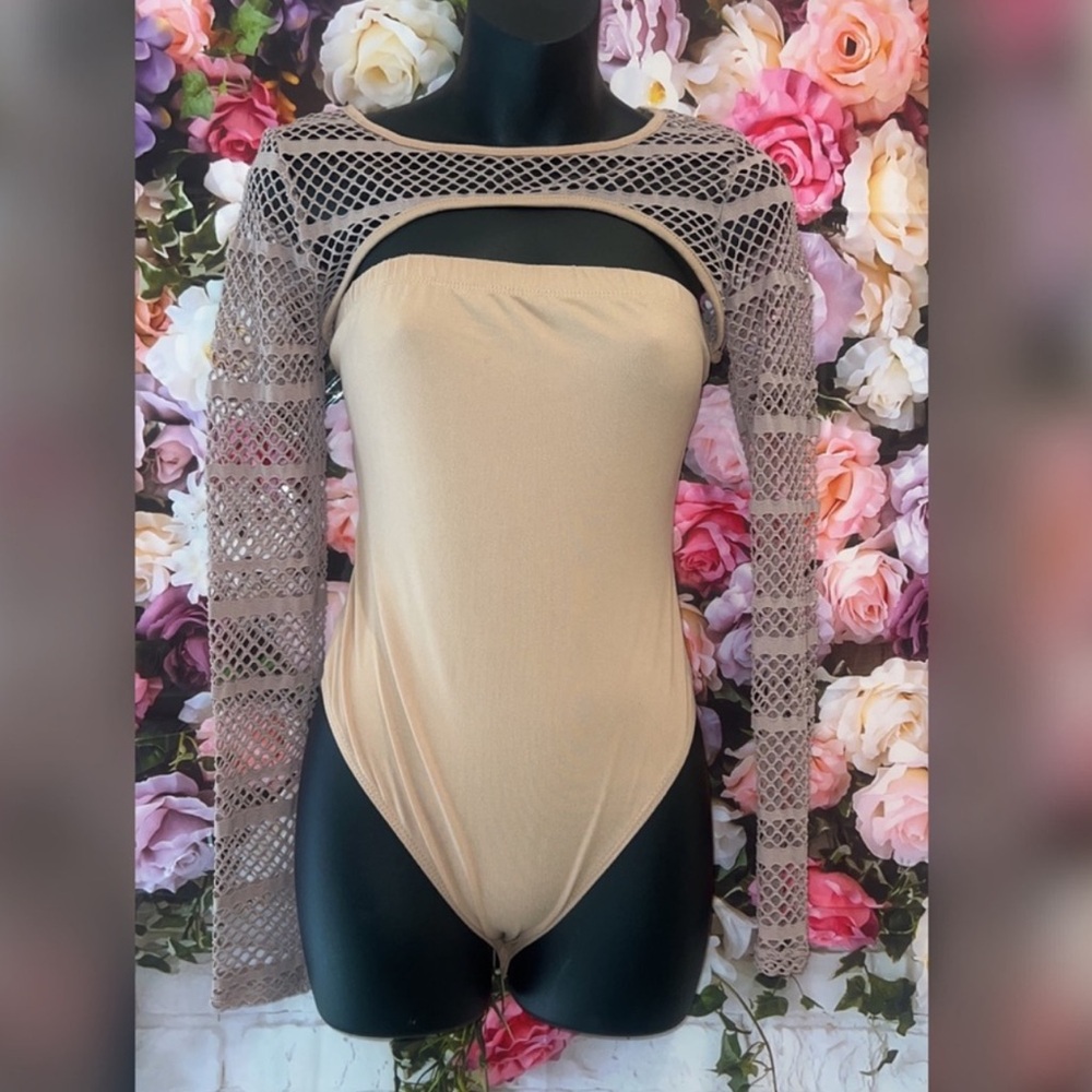 Beige Bodysuit with Crochet Sleeves